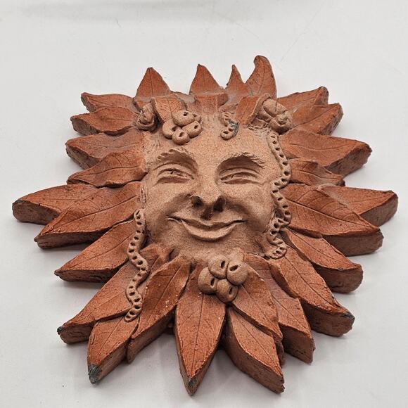 Terracotta Cast Stone Sunface Wall Art Vintage 1998 Artist Signed Outdoor Decor - Picture 6 of 7